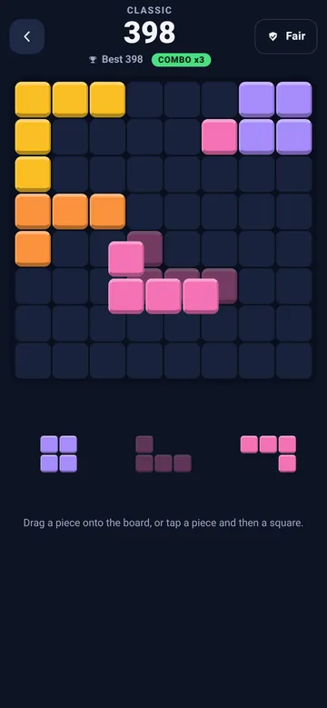 Square Fair gameplay: dragging a piece with a placement preview